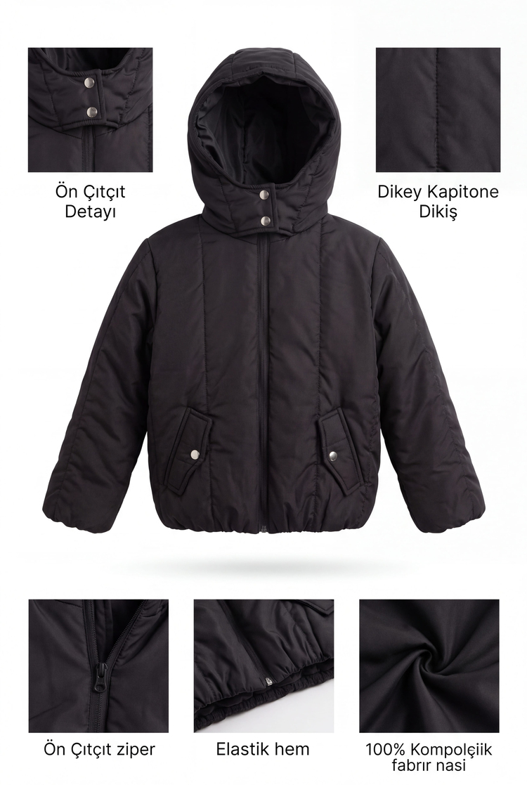 Normal Kalıp Düz Fermuarlı Kapüşonlu Mont Çocuk Unisex Siyah Mont TBDRV020