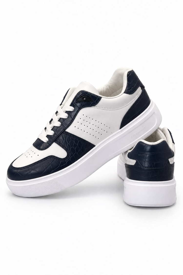 Rahat Kalıp Deri Detaylı Bağcıklı Sneaker Erkek Beyaz Lacivert Sneaker TBEKC1903