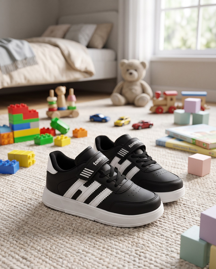 Rahat Kalıp Düz Hafif  Tabanlı Sneaker Çocuk Unisex Siyah Beyaz Sneaker TBÖZC1903
