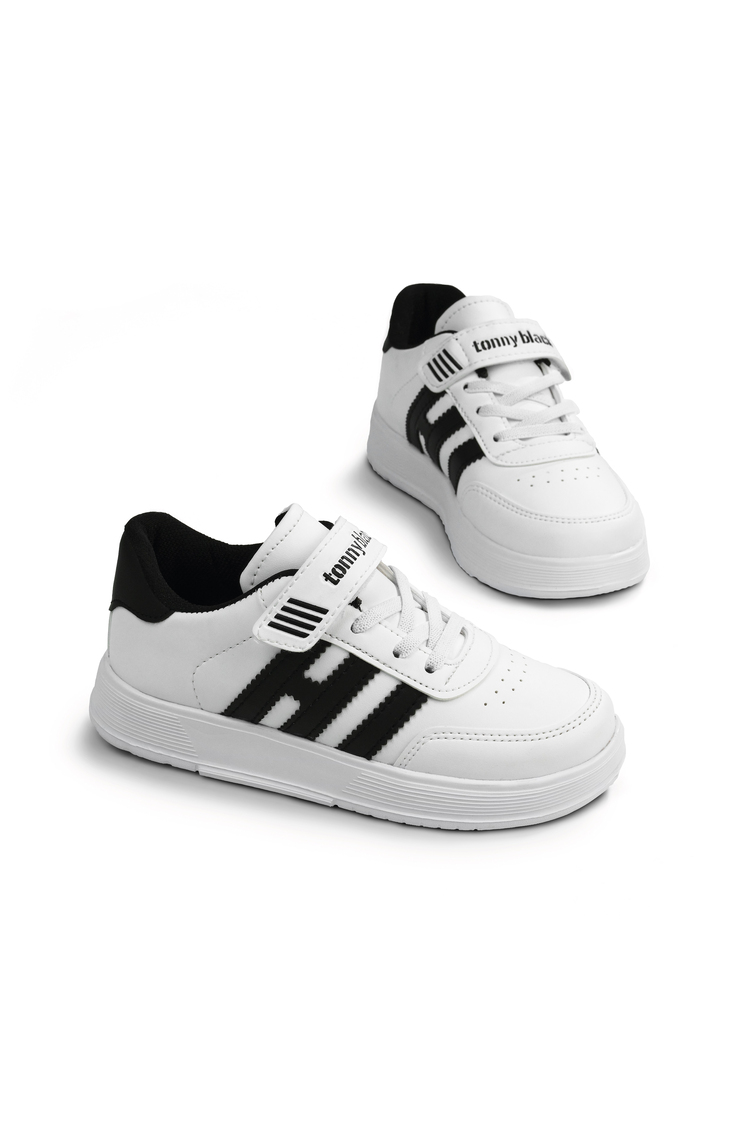 Rahat Kalıp Düz Hafif  Tabanlı Sneaker Çocuk Unisex Beyaz Siyah Sneaker TBÖZC1903