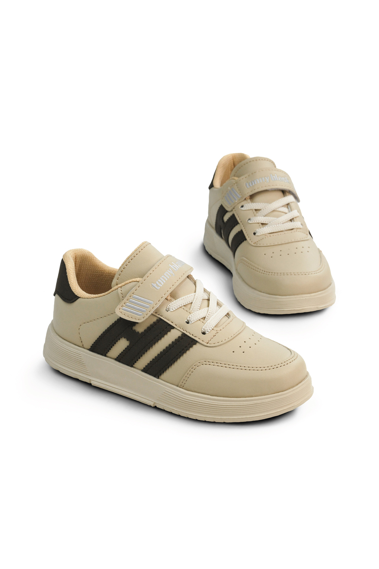 Rahat Kalıp Düz Hafif  Tabanlı Sneaker Çocuk Unisex Bej Kahve Sneaker TBÖZC1903