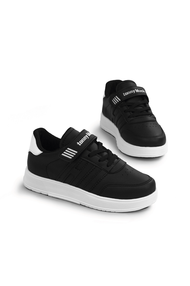 Rahat Kalıp Düz Hafif  Tabanlı Sneaker Çocuk Unisex Siyah Beyaz Cilt Sneaker TBÖZC1903