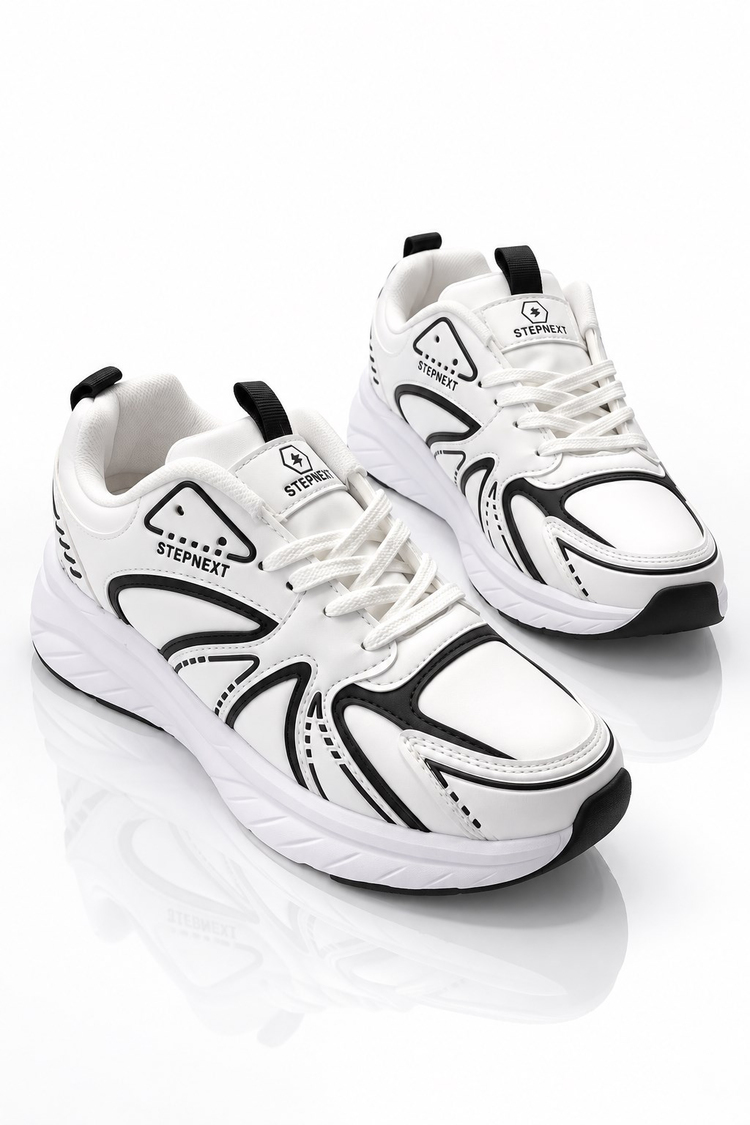 Rahat Kalıp Faylon Taban Bağcıklı Sneaker Kadın Beyaz Siyah Sneaker TBDR8002