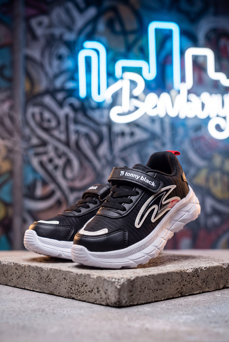 Rahat Kalıp Faylon Tabanlı Cırtlı Sneaker Çocuk Unisex Siyah Beyaz Sneaker TBKRD020