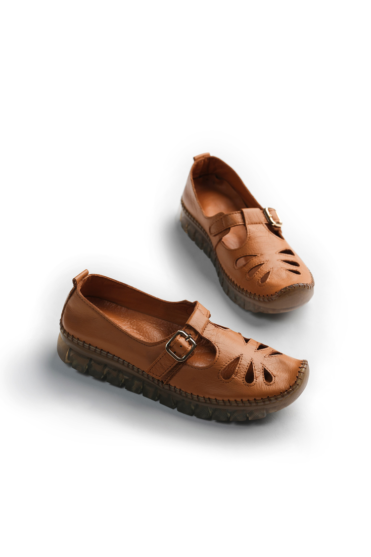 Rahat Kalıp Hakiki Deri Tokalı Loafer Kadın Taba Loafer TBKCLD06