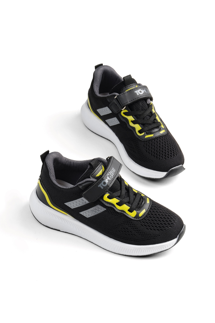 Rahat Kalıp Nefes Alabilen Cırtlı Bağcıklı Sneaker Çocuk Unisex Siyah Sarı Sneaker TBTMKD040