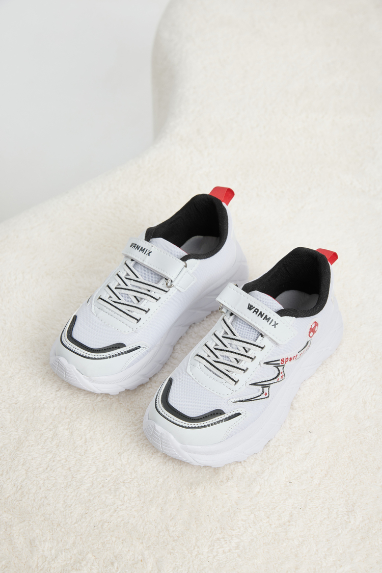 Rahat Kalıp Nefes Alabilen Cırtlı Sneaker Çocuk Unisex Beyaz Siyah Sneaker TBKRD013