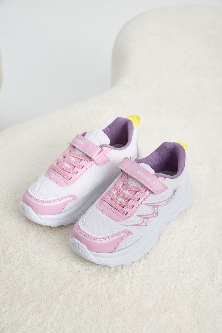 Rahat Kalıp Nefes Alabilen Cırtlı Sneaker Çocuk Unisex Pembe Beyaz Sneaker TBKRD013