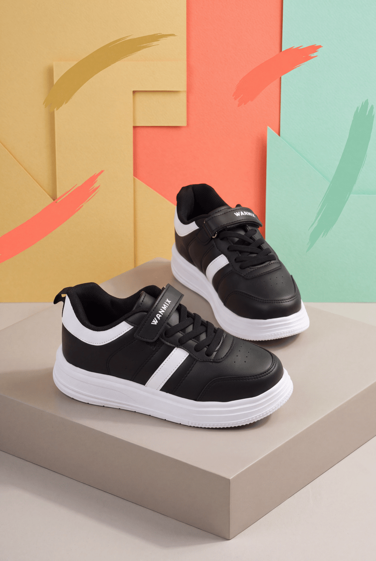 Rahat Kalıp Yanı Cizgili Cırtlı Sneaker Çocuk Unisex Siyah Beyaz Sneaker TBKRD016