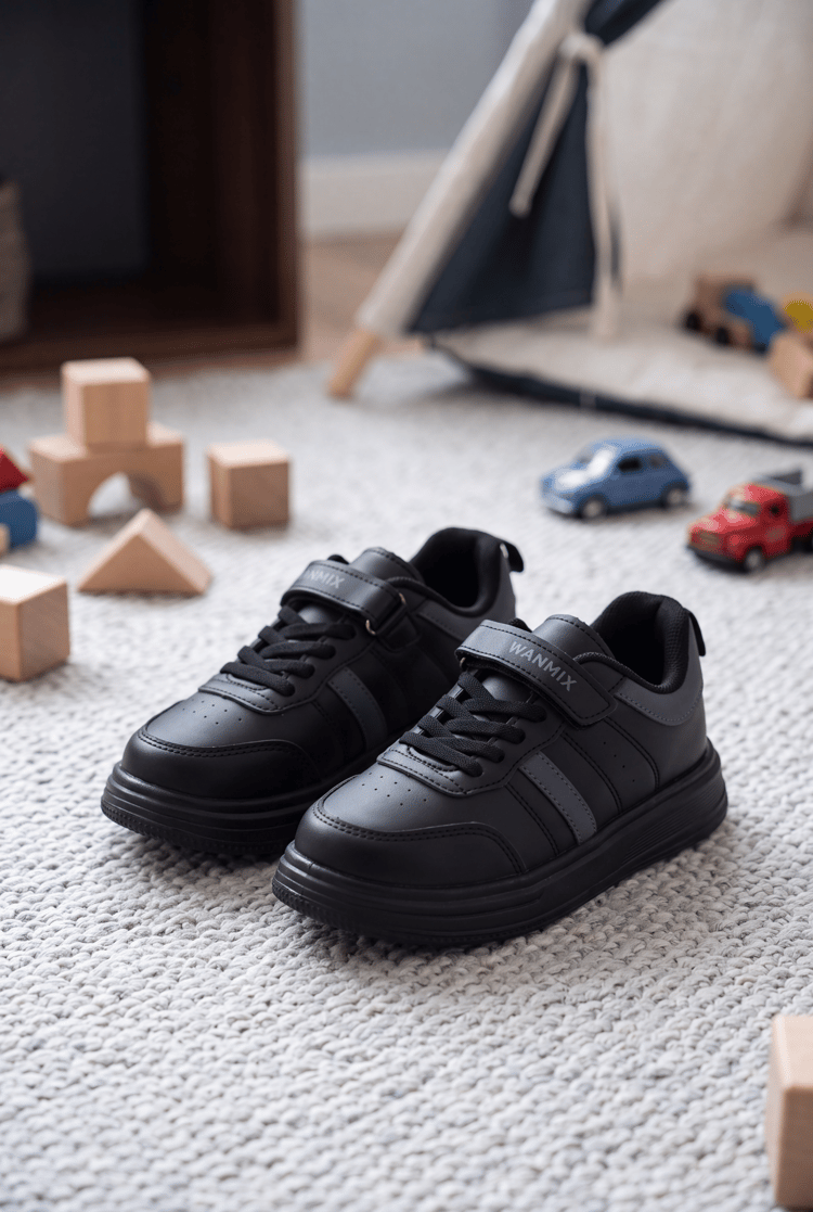 Rahat Kalıp Yanı Cizgili Cırtlı Sneaker Çocuk Unisex Siyah Füme Sneaker TBKRD016