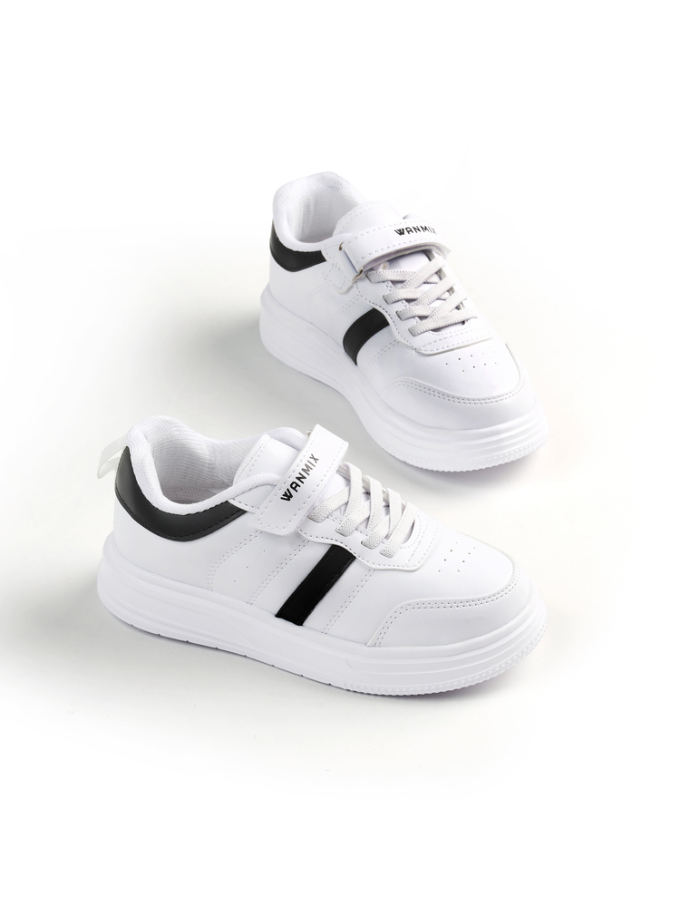 Rahat Kalıp Yanı Cizgili Cırtlı Sneaker Çocuk Unisex Beyaz Siyah Sneaker TBKRD016