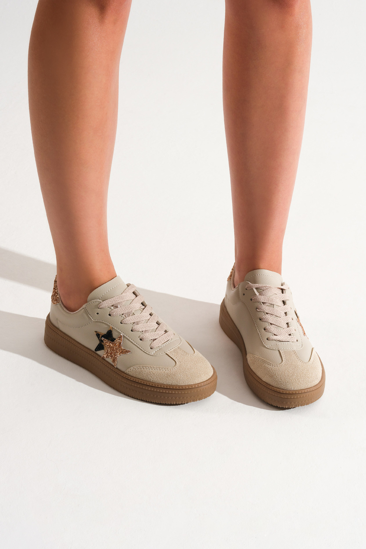 Rahat Kalıp Yarım Yıldız Desenli Sneaker Kadın Bej Krep Sneaker TBZER050