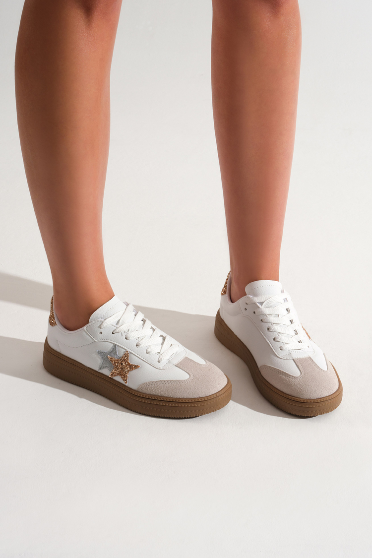 Rahat Kalıp Yarım Yıldız Desenli Sneaker Kadın Beyaz Sarı Sneaker TBZER050