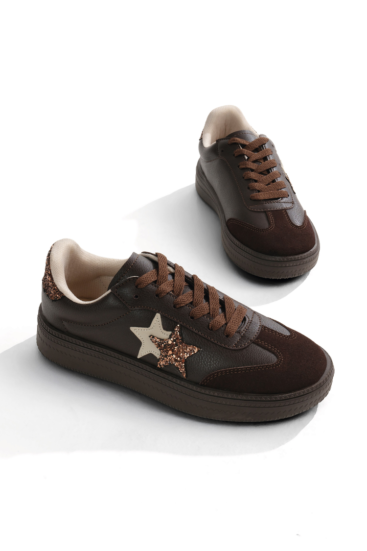 Rahat Kalıp Yarım Yıldız Desenli Sneaker Kadın Kahve Sneaker TBZER050