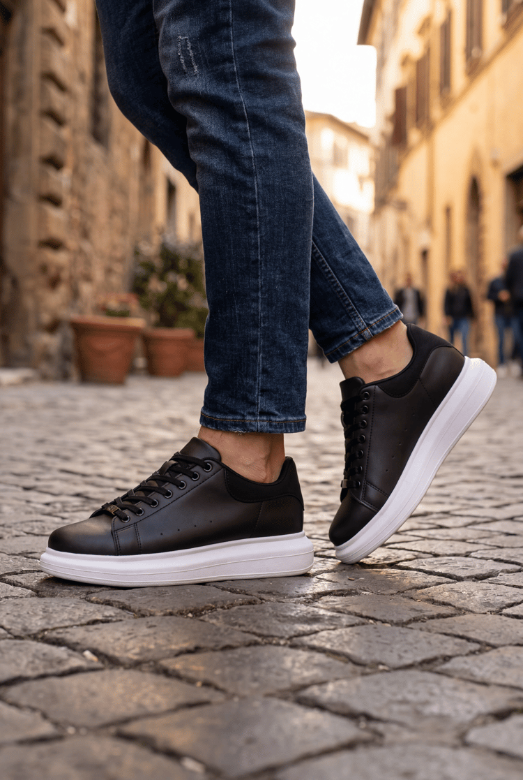 Rahat Kalıp Yüksek Taban Bağcıklıı Unisex Siyah Beyaz Spor Ayakkab V2ALX-0