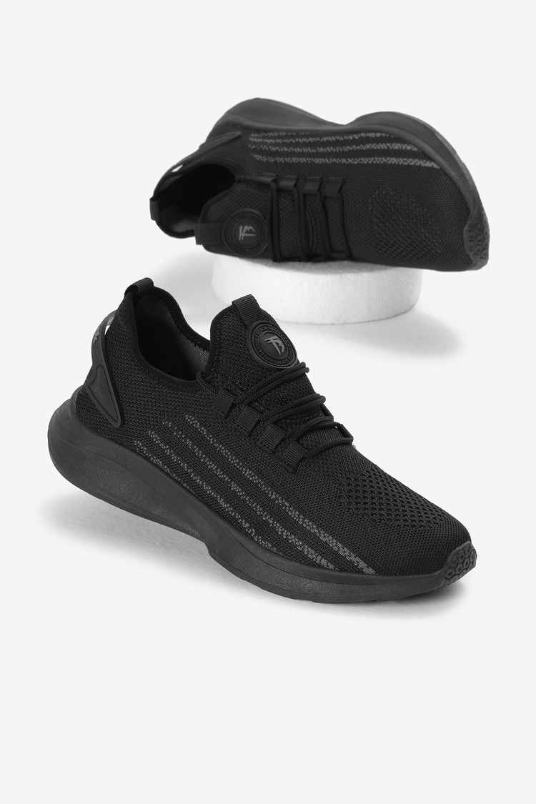 Termo Taban Şerit Detaylı Bağcıklı Triko Unisex Siyah Spor Ayakkabı TBKRG015