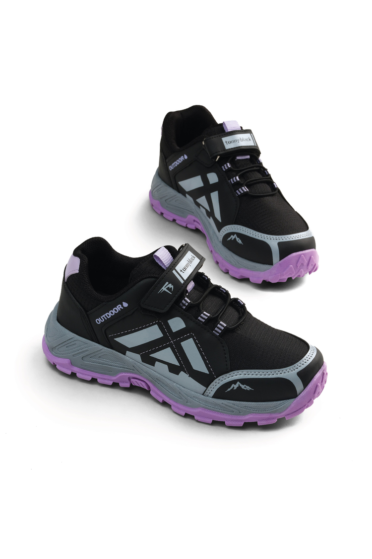 Termo Taban Su İtici Kumaş Cırtlı Çocuk Unisex Siyah Lila Trekking Ayakkabı TBTMKD025