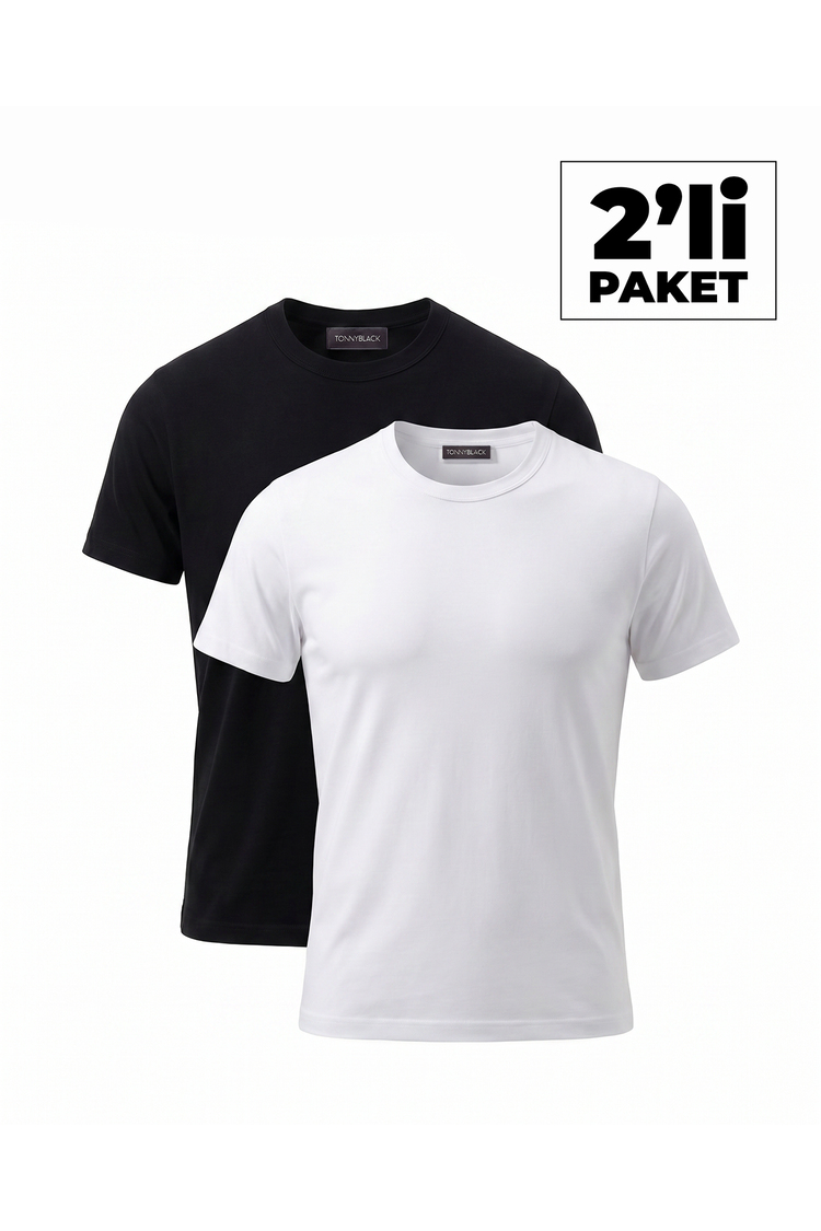 2'Li Paket %100 Pamuk Siyah-Beyaz T-Shirt Erkek Çok Renkli T-Shirt TBTSHRT140