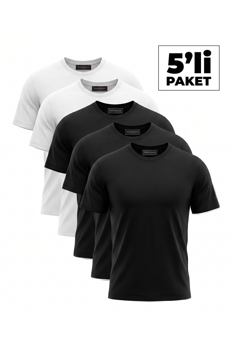 5'Li Paket %100 Pamuk 3 Siyah 2 Beyaz T-Shirt Erkek Çok Renkli T-Shirt TBTSHRT130