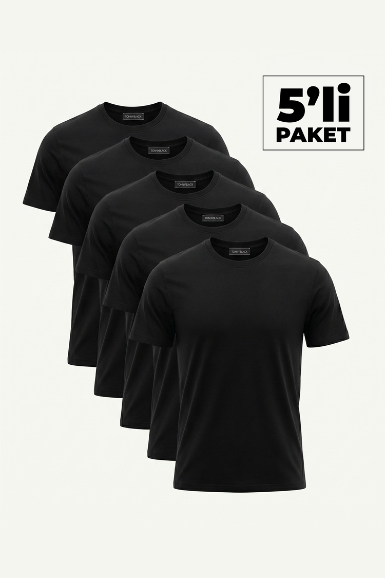 5'Li Paket %100 Pamuk Siyah T-Shirt Erkek Siyah T-Shirt TBTSHRT120