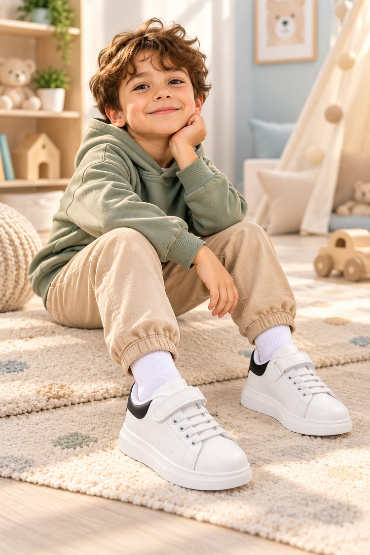 Bağcıklı Rahat Ayakkabı Çocuk Unisex Beyaz Siyah Ayakkabı TB26160
