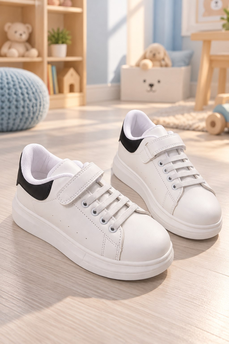 Bağcıklı Rahat Ayakkabı Çocuk Unisex Beyaz Siyah Ayakkabı TB26160