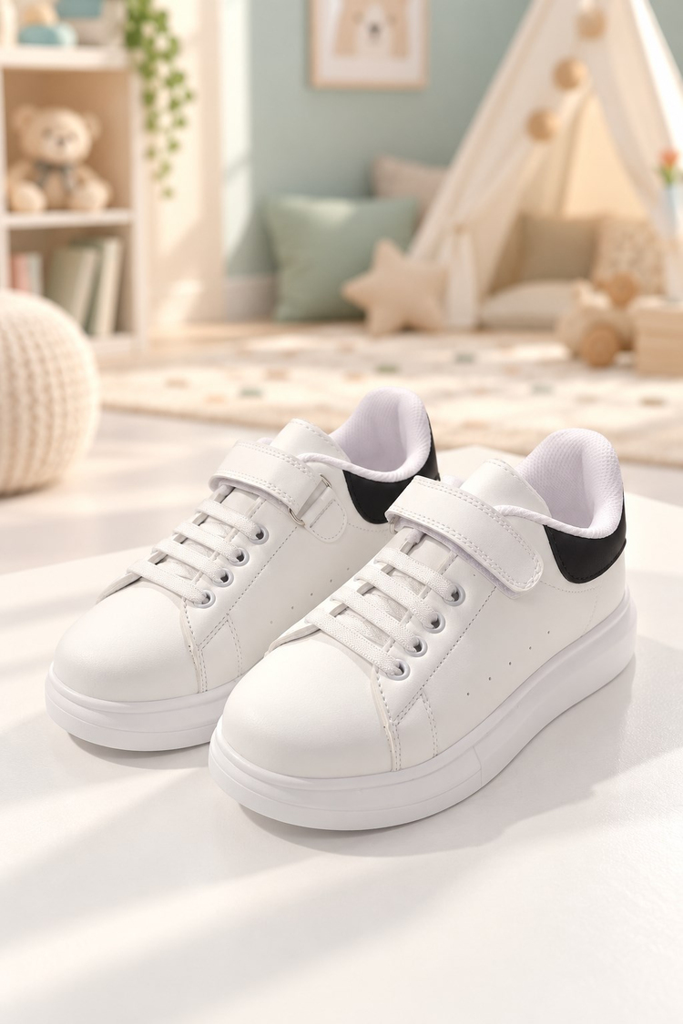 Bağcıklı Rahat Ayakkabı Çocuk Unisex Beyaz Siyah Ayakkabı TB26160