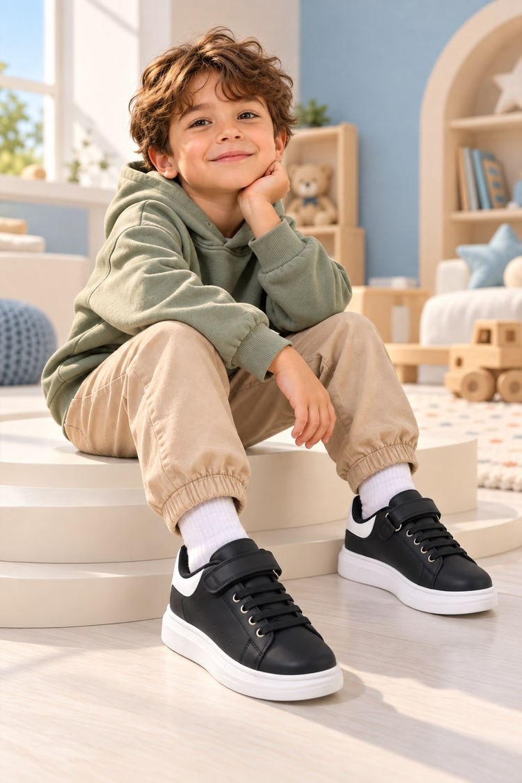 Bağcıklı Rahat Ayakkabı Çocuk Unisex Siyah Beyaz Ayakkabı TB26160