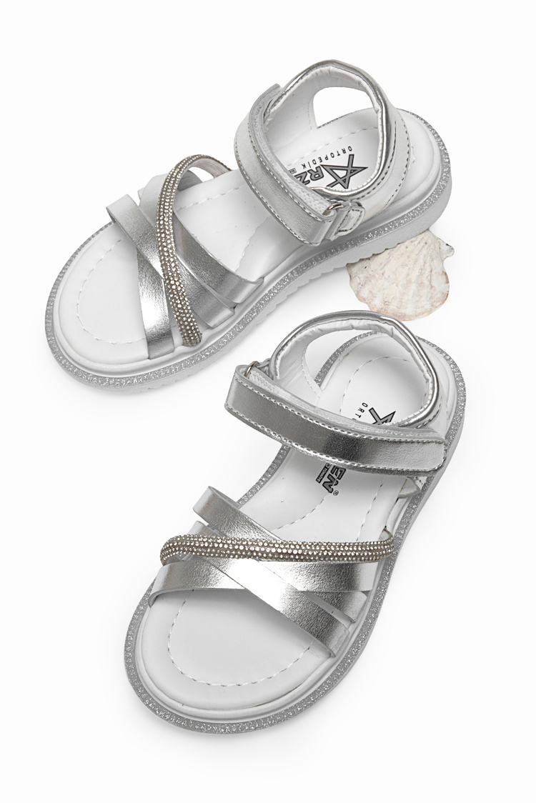 Çoçuk Çarpraz Bağlı Sandalet Çocuk Unisex Gümüş Sandalet TBARZ1060