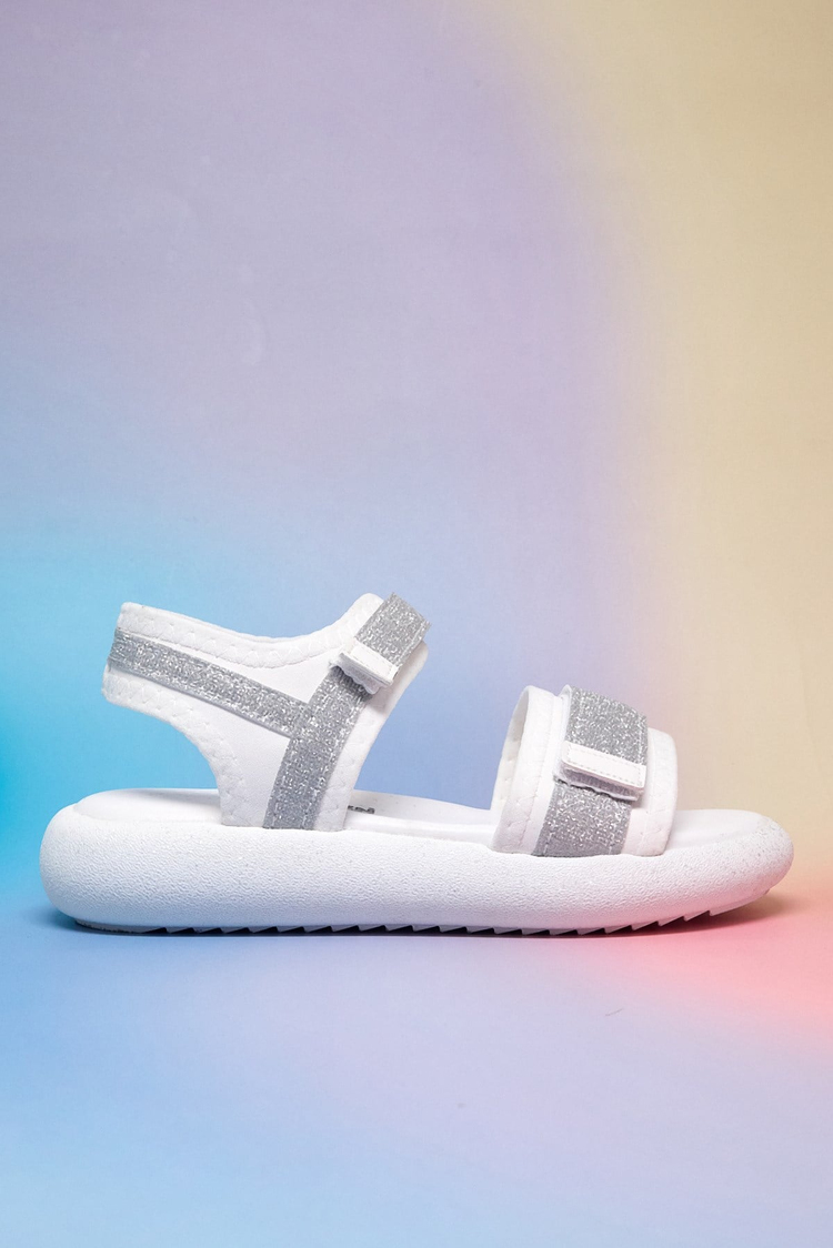 Çocuk Çift Cırtlı Simli Sandalet Çocuk Unisex Beyaz Gümüş Simli Sandalet TBARZ1140