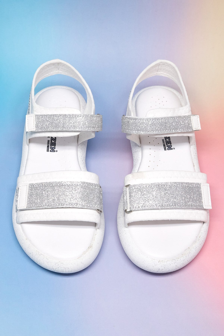 Çocuk Çift Cırtlı Simli Sandalet Çocuk Unisex Beyaz Gümüş Simli Sandalet TBARZ1140