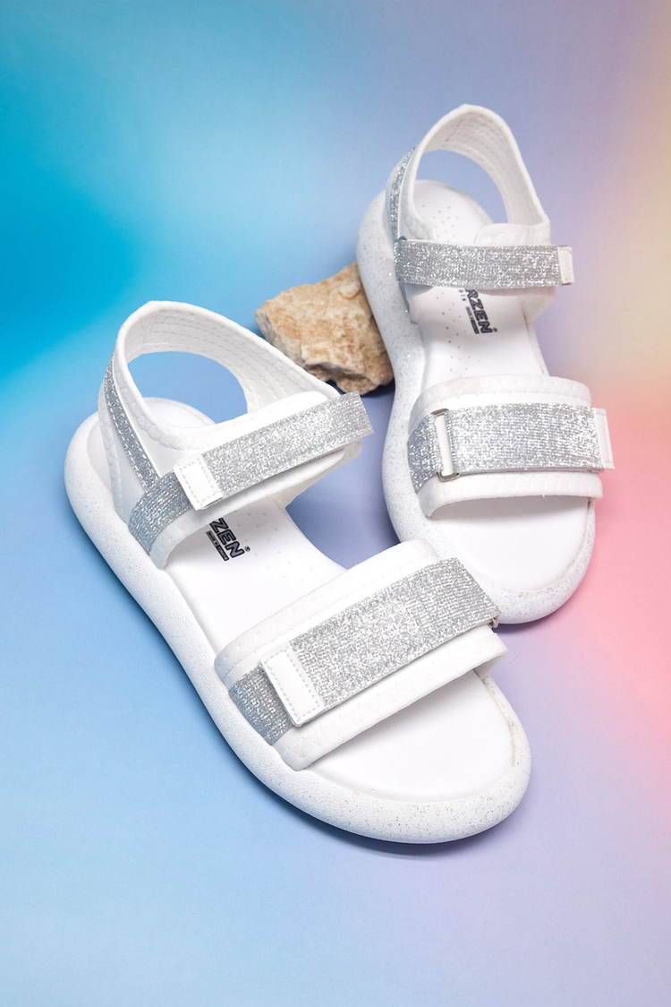Çocuk Çift Cırtlı Simli Sandalet Çocuk Unisex Beyaz Gümüş Simli Sandalet TBARZ1140