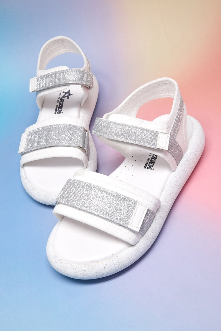 Çocuk Çift Cırtlı Simli Sandalet Çocuk Unisex Beyaz Gümüş Simli Sandalet TBARZ1140