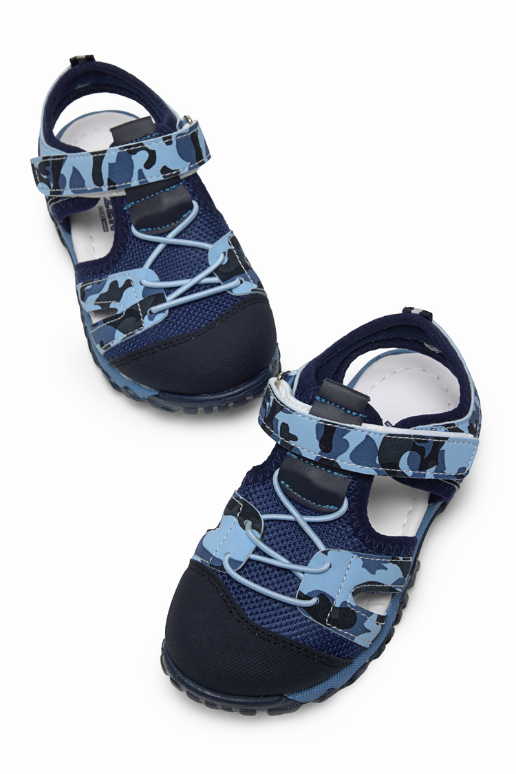 Çoçuk Cırt Ve Bağcıklı Rahat Kalıp Sandalet Çocuk Unisex Lacivert Kamuflaj Sandalet TBARZ1020