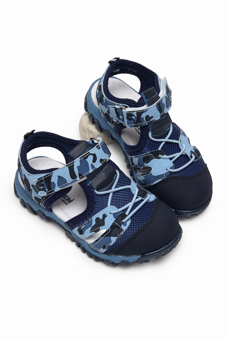 Çoçuk Cırt Ve Bağcıklı Rahat Kalıp Sandalet Çocuk Unisex Lacivert Kamuflaj Sandalet TBARZ1020