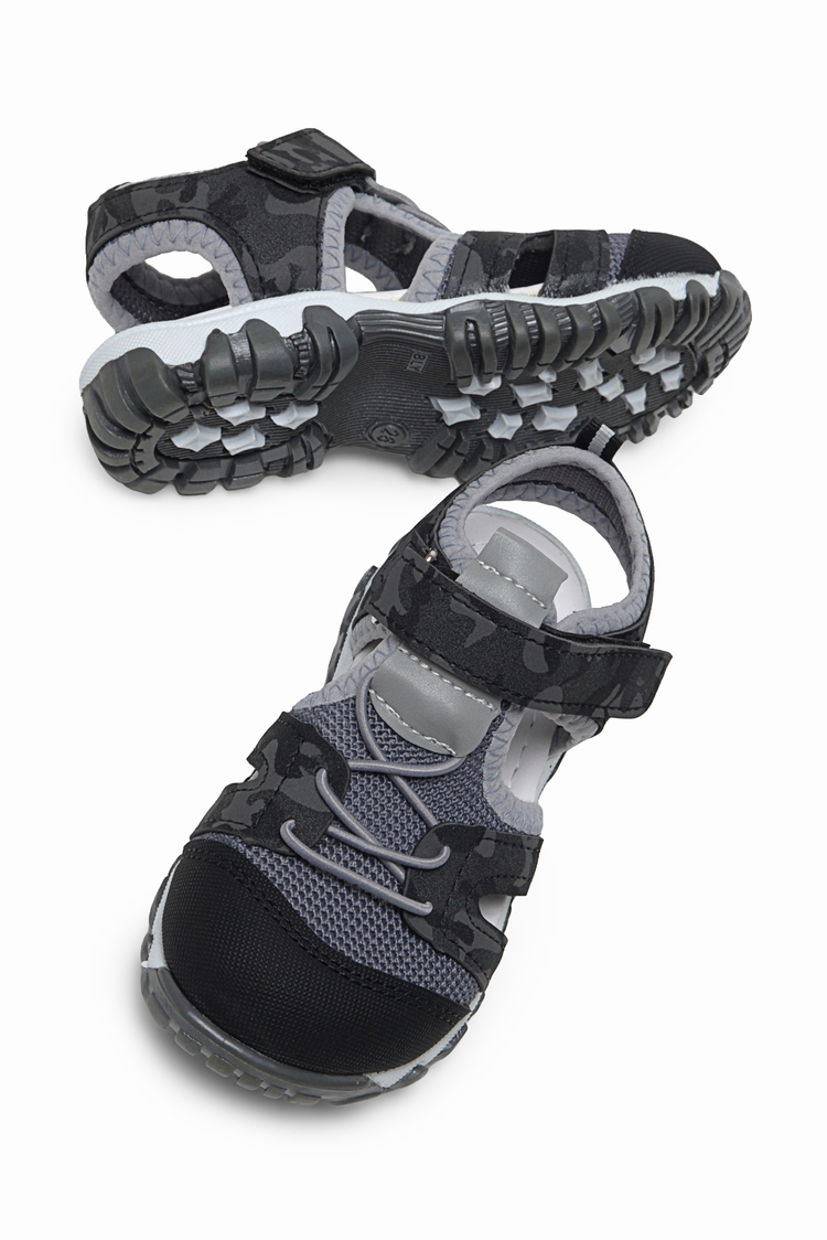 Çoçuk Cırt Ve Bağcıklı Rahat Kalıp Sandalet Çocuk Unisex Siyah Kamuflaj Sandalet TBARZ1020