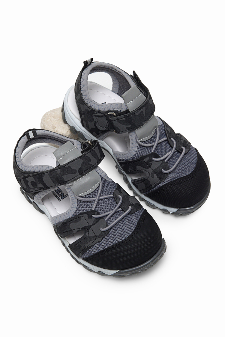 Çoçuk Cırt Ve Bağcıklı Rahat Kalıp Sandalet Çocuk Unisex Siyah Kamuflaj Sandalet TBARZ1020