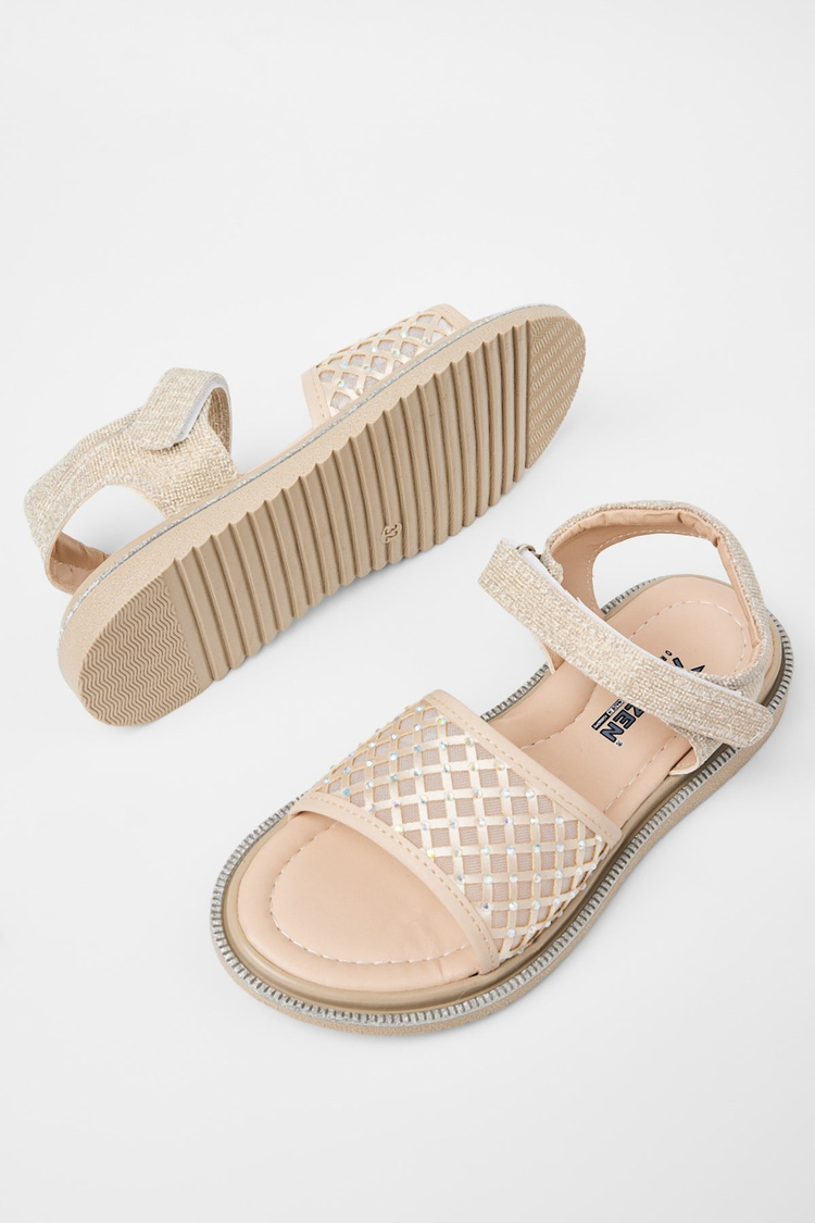 Çoçuk Taşlı Sandalet Çocuk Unisex Altın Simli Sandalet TBARZ1065