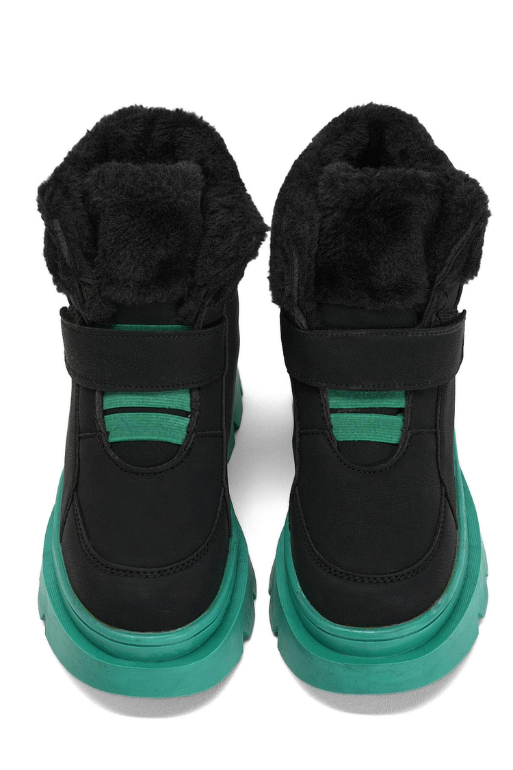 Çocuk Unisex Siyah Yeşil Kürklü Çocuk Kar Botu