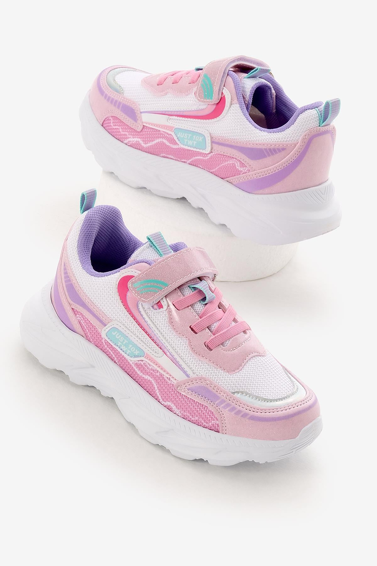 EVA Faylon Taban Desenli Cırtlı Lastik Bağcıklı Çocuk Unisex Pembe Beyaz Spor Ayakkabı TBKMN310