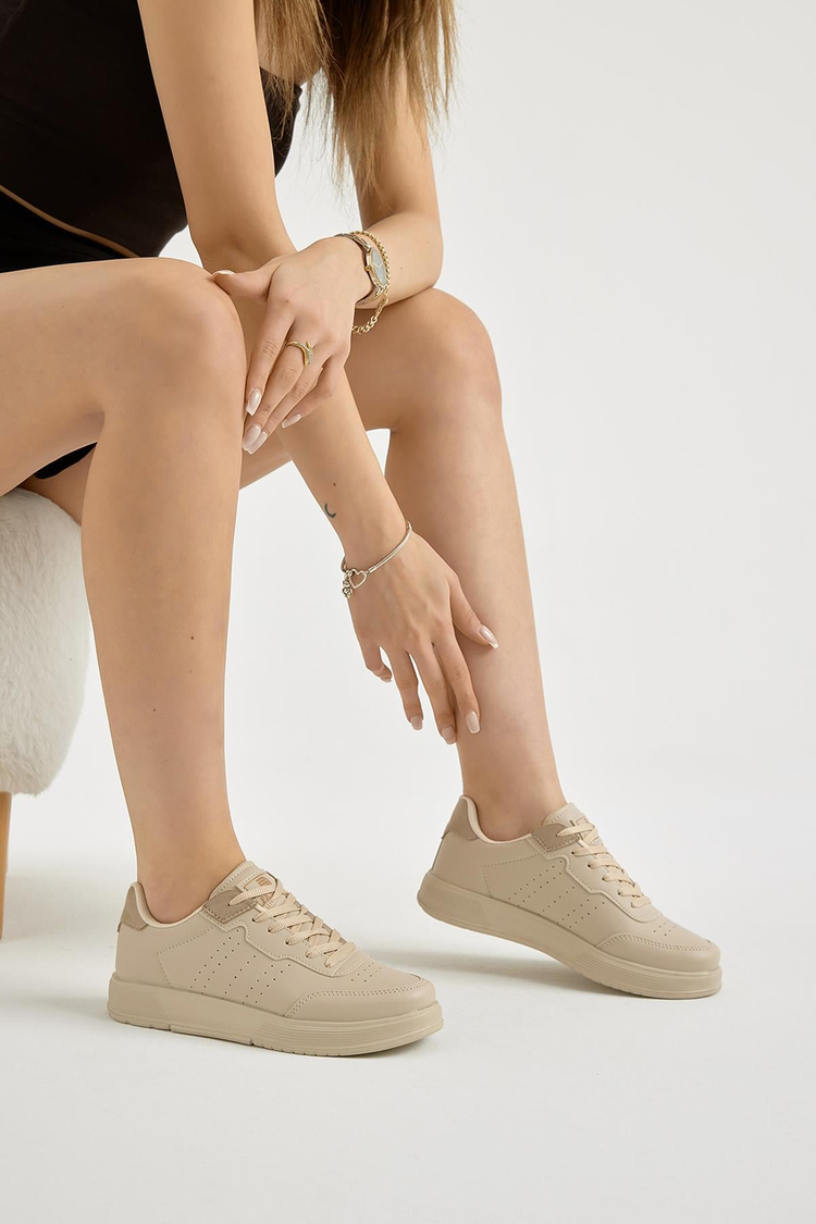 Hafif Faylon Taban Bağcıklı Unisex Krem Günlük Spor Ayakkabı TBPRF015