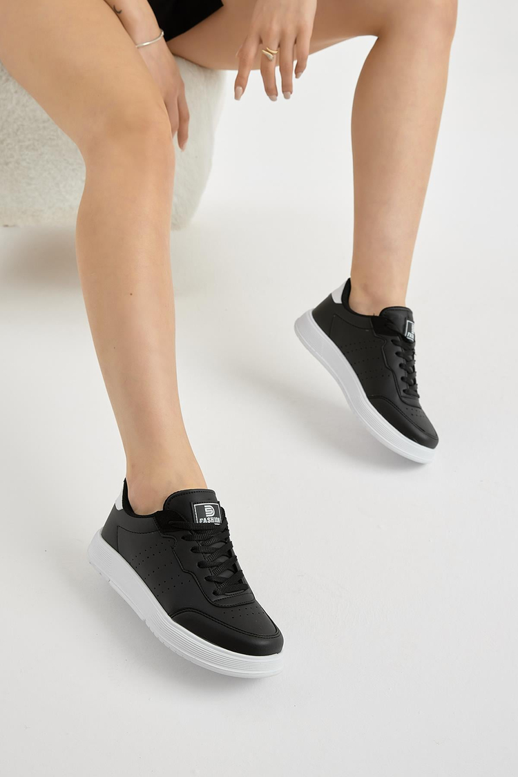 Hafif Faylon Taban Bağcıklı Unisex Siyah Beyaz Günlük Spor Ayakkabı TBPRF015