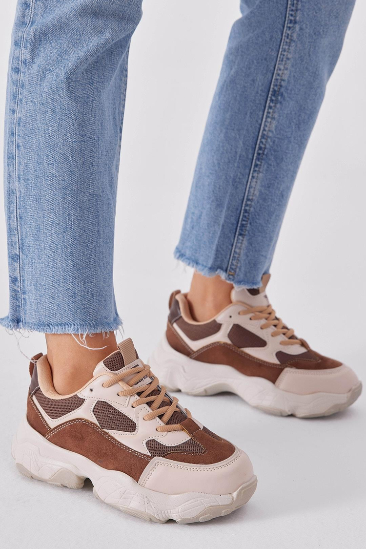 Kadın Kahve Poli Taban Nefes Alabilen Kumaş Bağcıklı Sneaker