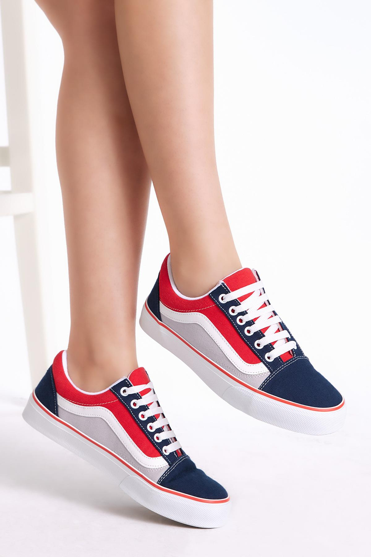 Kadın Lacivert Kırmızı Rahat Kalıp Yanı Şeritli Poli Taban Bağcıklı Sneaker