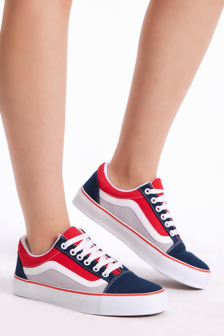 Kadın Lacivert Kırmızı Rahat Kalıp Yanı Şeritli Poli Taban Bağcıklı Sneaker
