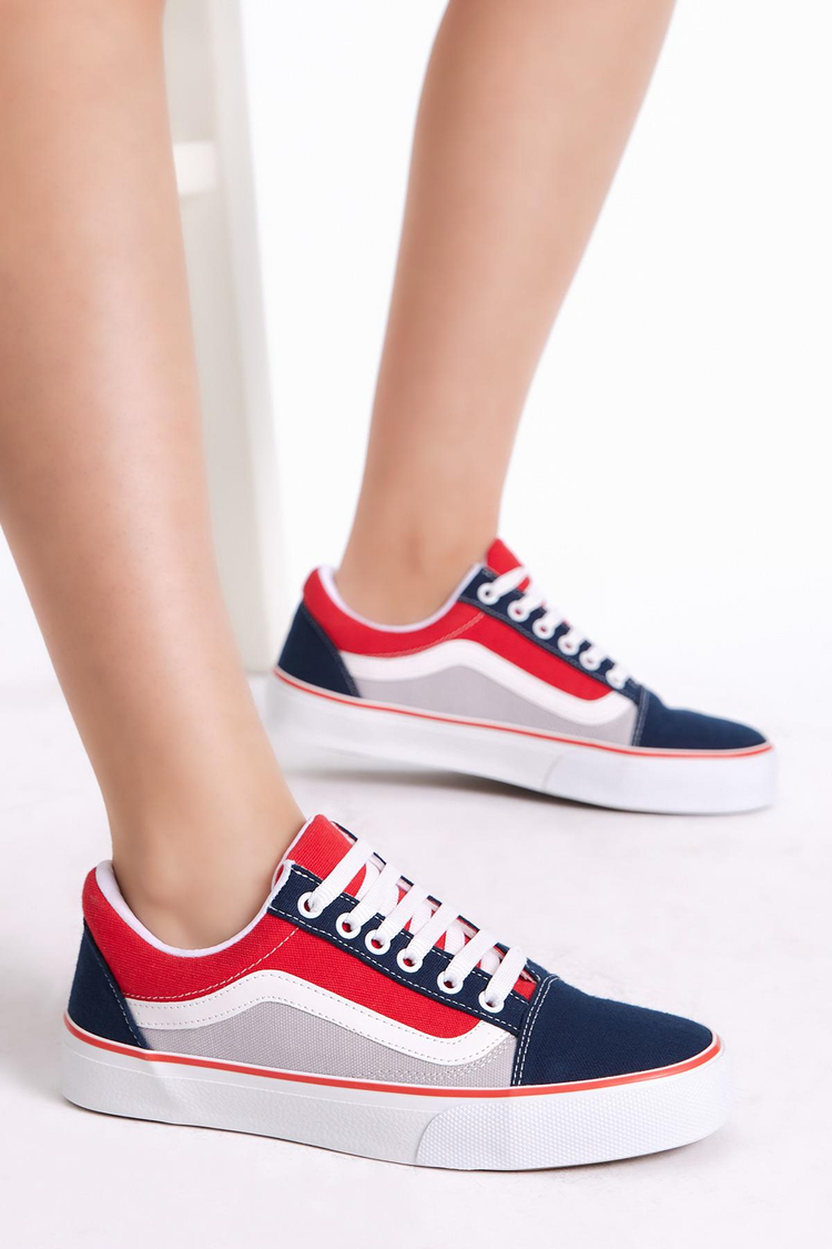 Kadın Lacivert Kırmızı Rahat Kalıp Yanı Şeritli Poli Taban Bağcıklı Sneaker