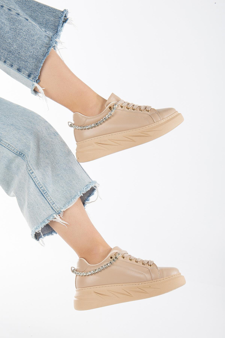 Kadın Nude Arkası Zincir Detaylı Kalın Taban Bağcıklı Spor Ayakkabı
