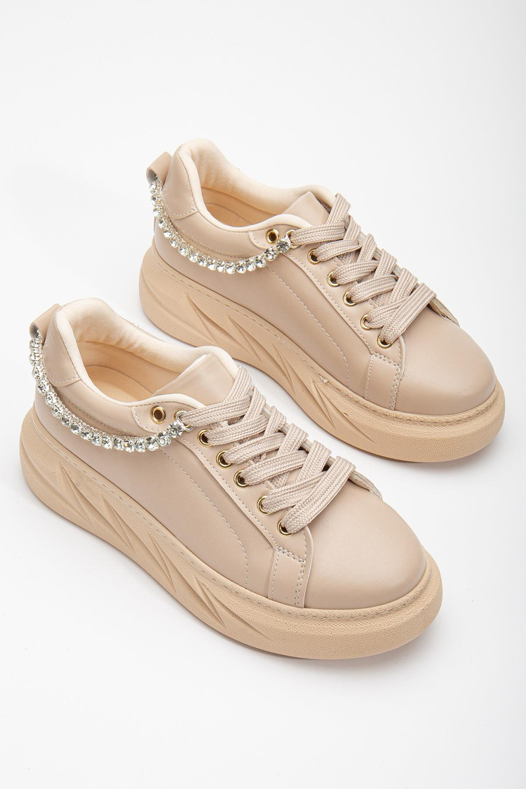 Kadın Nude Arkası Zincir Detaylı Kalın Taban Bağcıklı Spor Ayakkabı