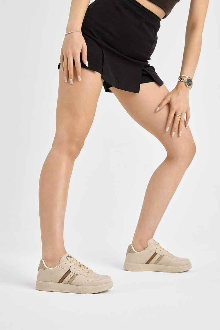 Kalın Faylon Hafif Taban Şeritli Bağcıklı Unisex Krem Spor Ayakkabı TBPRF020