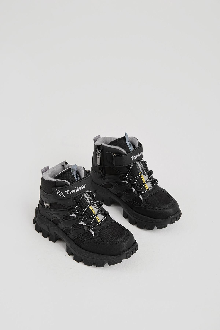 Kalın Kauçuk Taban Lastik Bağcıklı Cırtlı Çocuk Unisex Siyah Gri Outdoor Trekking Bot TBKMN340